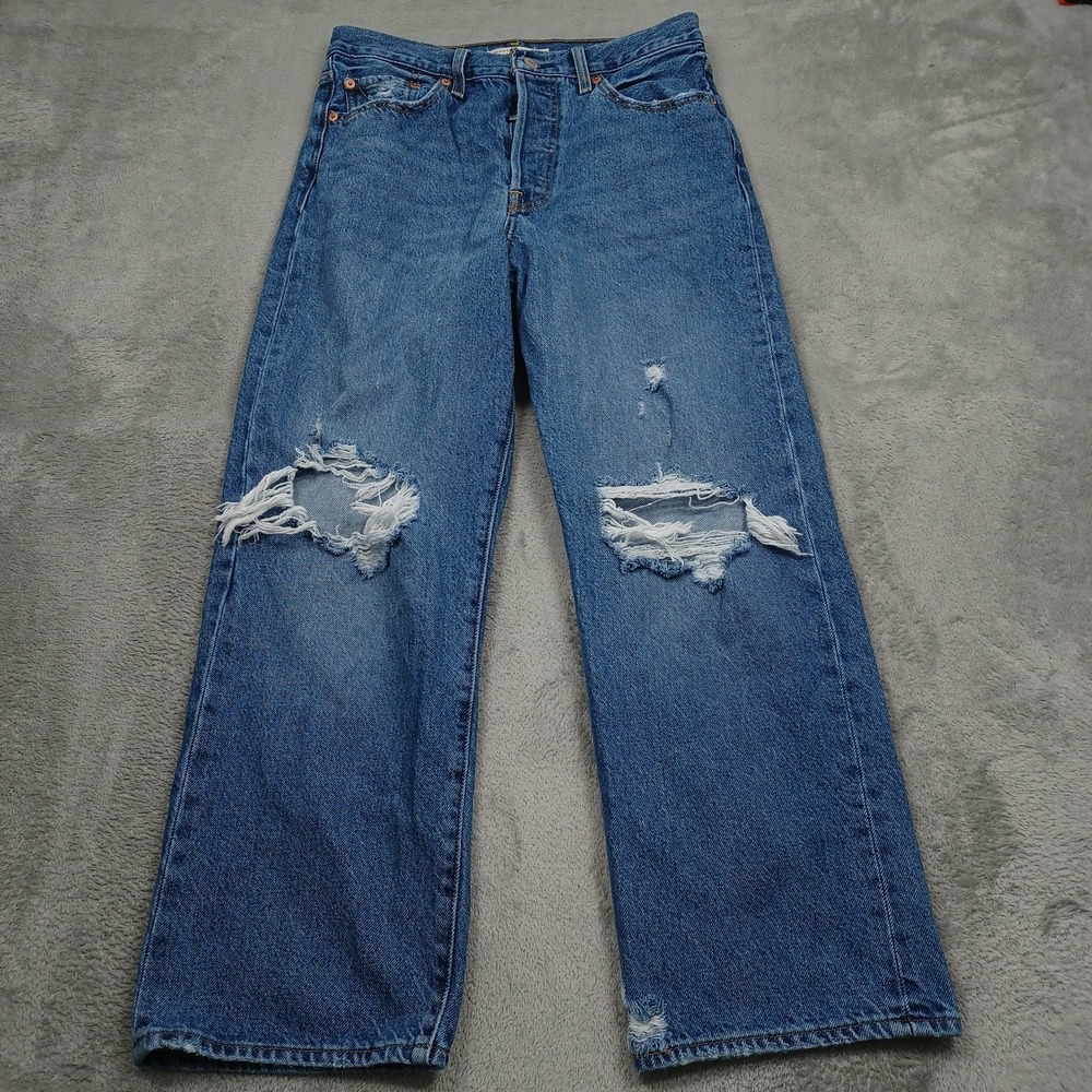 Levis 501 Jeans Womens 30 Blue Denim Straight Ribcage Distressed Modern Casual